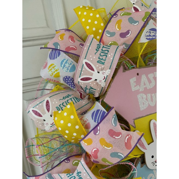 Easter Bunny Jelly Bean Trail Egg Hunt Sign Mesh Ribbon Spring Wreath - Picture 4 of 8